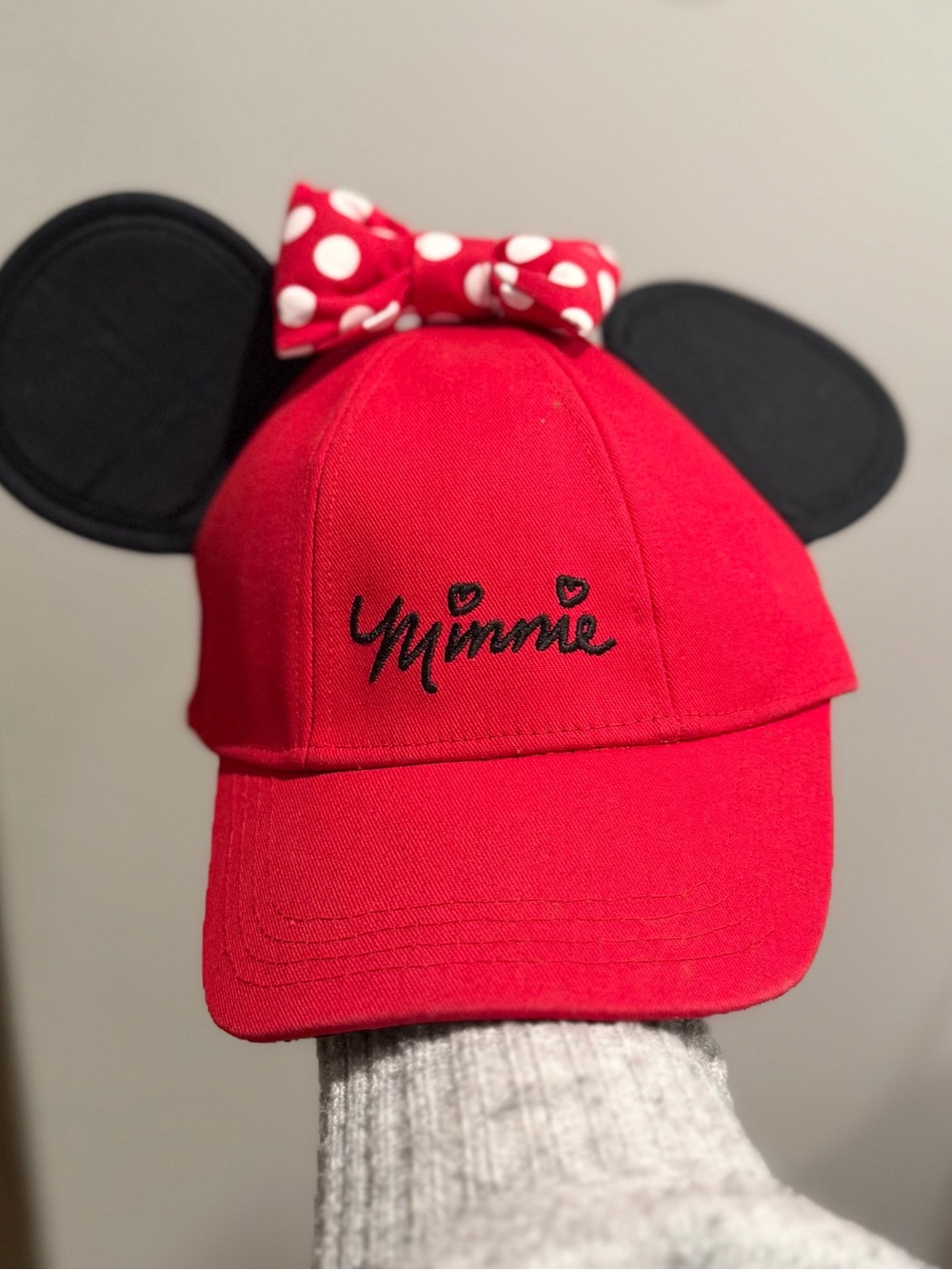 Kids Minnie Mouse Red Ear Cap with Polka Dot Bow - One Size